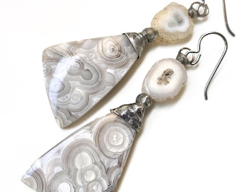 Soldered Crazy Lace Agate Earrings with Solar Quartz and Soldered Details on Niobium Ear Wires, by Elizabeth Rosen