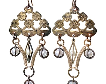 Handmade Vintage Style Filigree Earrings with Caged Faux Glass Pearls, by Elizabeth Rosen