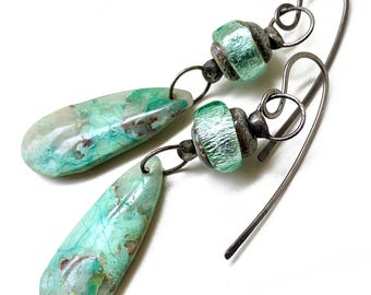 Soldered Chrysocolla and Lampwork Glass Earrings, Rustic Green Artisan Earrings, by Elizabeth Rosen