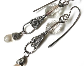 Very Light Stamped Soldered Earrings with Vintage Cut Glass Beads, on Handmade Niobium Ear Wires by Elizabeth Rosen