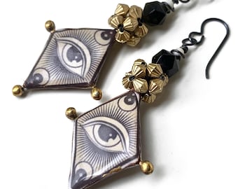 Artisan Ceramic Eye Earrings, Handmade Beaded Beads, Faceted Onyx, by Elizabeth Rosen