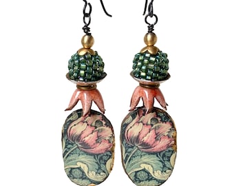 William Morris Flower Earrings, Handmade Beaded Beads and Enamel Caps, Pink and Green Floral, by Elizabeth Rosen