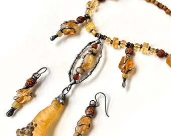 Rustic Lampwork Glass & Citrine Necklace Earring Set: Soldered Artisan Jewelry