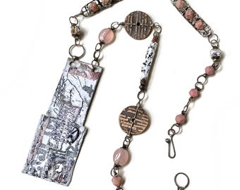 Asemic, Copper Enamel Pendant Necklace, Soldered Handmade and Gemstone Beads, JosephineBeads Wearable Art, By Elizabeth Rosen