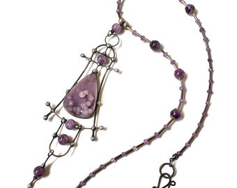 Rustic Soldered Grape Agate and Amethyst Necklace: Gemstone Beaded Chain, Sculptural Statement Necklace by Elizabeth Rosen