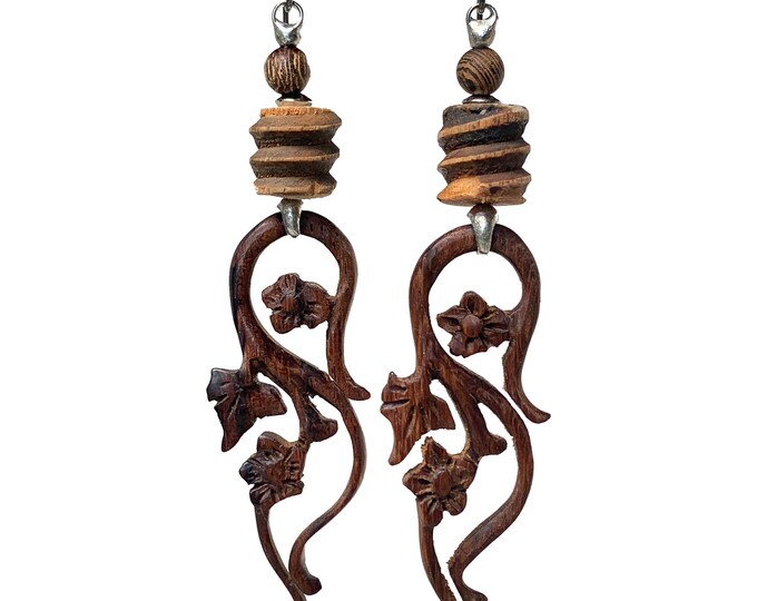 LONG & Light Carved Wood Flower Earrings, Soldered Artisan Floral