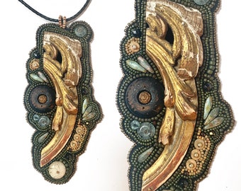 Bead Embroidered Wood Necklace: Boho Statement Pendant, Roman Glass