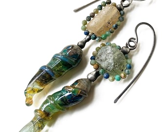 Rustic Organic Lampwork and Roman Glass Earrings with Soldered Chrysocolla Beads on Handmade Niobium Ear Wires