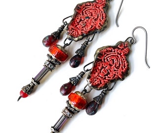 elegant red lace chandelier earrings with artisan lampwork glass, long Victorian statement earrings, artisan components, by Elizabeth Rosen