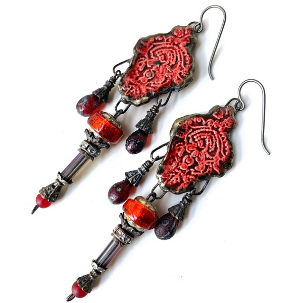 elegant red lace chandelier earrings with artisan lampwork glass, long Victorian statement earrings, artisan components, by Elizabeth Rosen