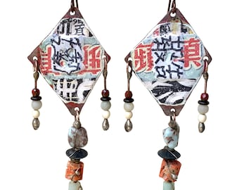 Artisan Enameled Copper Kite Earrings, Boho Asian Chandelier Earrings, JosephineBeads Wearable Art, by Elizabeth Rosen