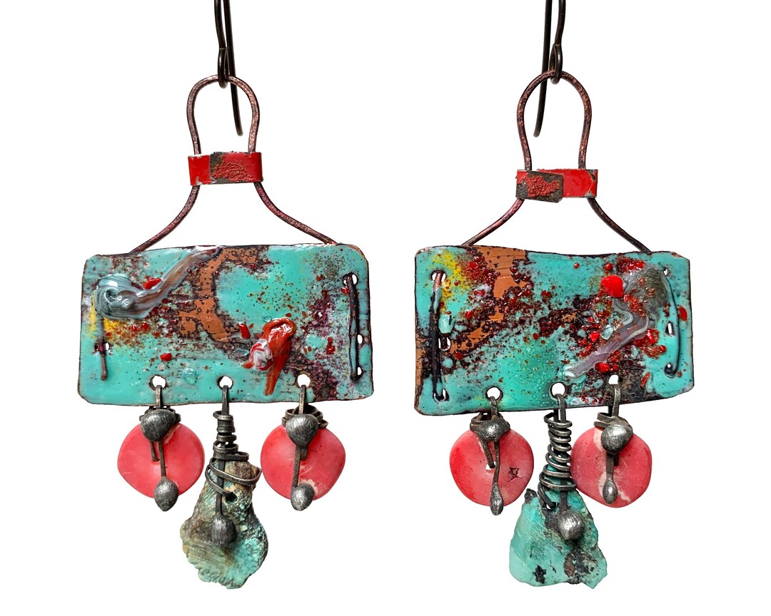 Enameled Copper Artisan Earrings, Rustic Soldered Turquoise and Coral