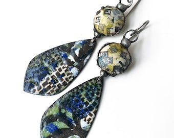 rustic artisan earrings, modern copper enamel earrings, soldered upcycled hand tetured tin, industrial chic wearable art, by Elizabeth Rosen
