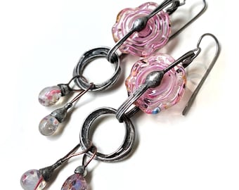 Pink Lampwork Glass Earrings, with Handmade Soldered Rings, by Elizabeth Rosen
