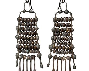 soldered freshwater pearls and metal fringe earrings, rustic unusual artisan earrings, soldered jewelry, by Elizabeth Rosen