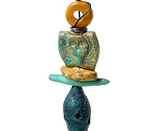 One Rustic Primitive Angel Ornament with Artisan Ceramics and Polymer Pods
