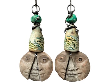 Spring at last, Rustic organic ceramic face earrings, long soldered dangle earrings, strange artisan beads, by Elizabeth Rosen