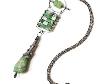 Rustic Soldered Chrysoprase Necklace, Sculptural Artisan Pendant, by Elizabeth Rosen