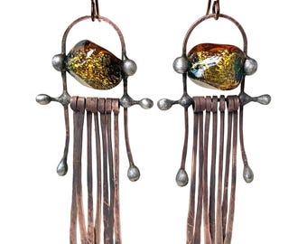 Artisan Earrings with Topaz Colored Dichroic Glass, Hand Forged Copper Paddle Fringe, by Elizabeth Rosen