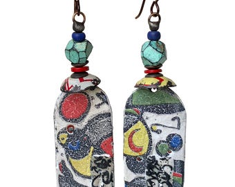 Le Cirque, Fun Colorful Modern Enameled Copper Earrings, Vintage Tin Caps, Faceted Polymer, by Elizabeth Rosen