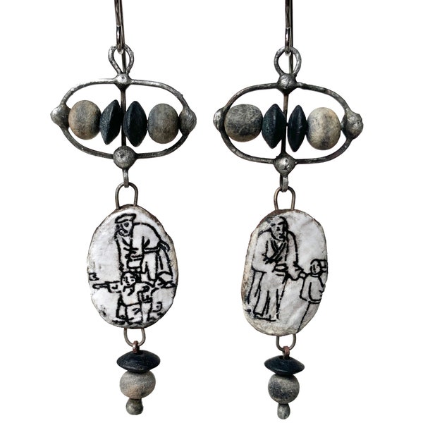 Rustic Asian inspired ceramic bead earrings, primitive soldered black and white earrings, handmade OOAK artisan earrings by Elizabeth Rosen
