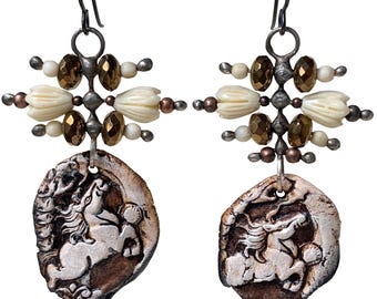 Asymmetrical Ceramic Wild Horses Earrings, Rustic FoxPaws Charms, Handmade Soldered Jewelry,  by Elizabeth Rosen