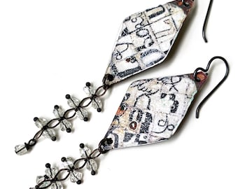 Long Enameled Copper Kite Earrings: Neutral Black and White Jewelry, by Elizabeth Rosen