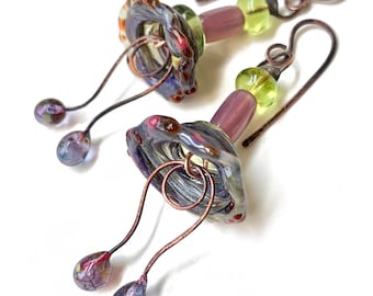 Handmade Glass Flower Bell Earrings, Rustic Artisan Lampwork Glass Pods, Handmade Copper Ear Wires