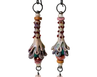 Strange Lampwork Glass Flower Earrings, Handmade Artisan Floral Trumpet Bells, Beige Magenta Pink Blooms, by Elizabeth Rosen