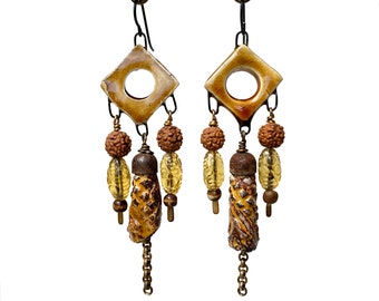 Caramellow, rustic elegant chandelier earrings, long caramel brown ceramic statement earrings, artisan components, by Elizabeth Rosen