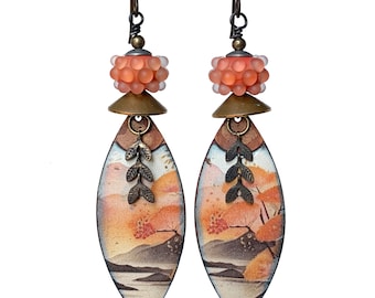 Copper enamel peach blossoms tree earrings with etched artisan lampwork glass, romantic vintage feel, Asian landscape, by Elizabeth Rosen