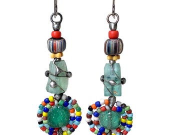 Rustic Soldered Rainbow Earrings, Ancient Roman Glass and Colorful Seed Beads, by Elizabeth Rosen