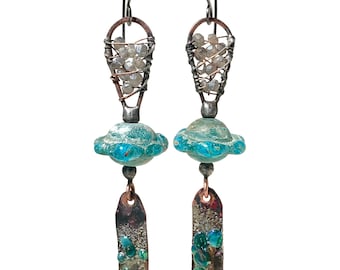Rustic Blue Green Artisan Enamel and Lampwork Glass Earrings with Wire Wrapped and Soldered Labradorite, by Elizabeth Rosen
