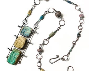 Artisan Ceramic and Roman Glass Necklace, Soldered Blanket Ladder, Handmade Chain, Wearable Art, by Elizabeth Rosen