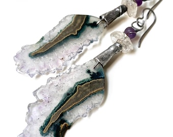 Rustic Amethyst Nugget Crystal Druzy Earrings, Soldered Herkimer Diamonds, Unusual Purple Earrings