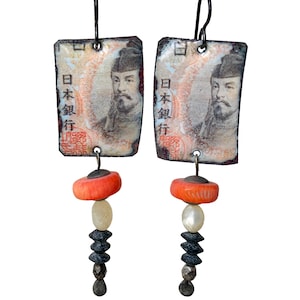 Copper Enamel Asian Earrings: Vintage Coral, Mother of Pearl, Soldered Jewelry