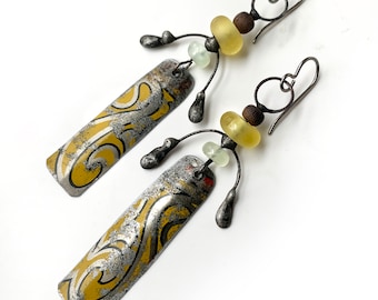 soldered vintage tin earrings with artisan lampwork glass and soldered details, by Elizabeth Rosen