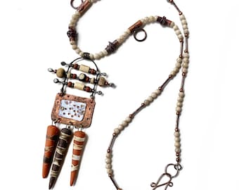 Modern Enameled Copper Necklace with Earthy  Artisan Ceramic Spikes and Beads, Wearable Art by Elizabeth Rosen