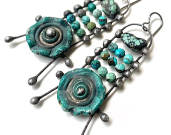 Rustic Turquoise and Handmade Lampwork Glass Earrings, Soldered Abacus Ladders, Artisan Beaded Jewelry by Elizabeth Rosen
