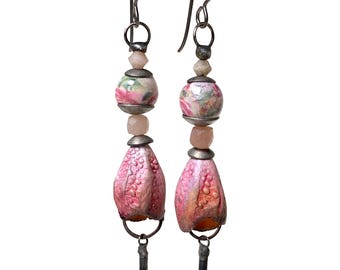 Delicate Artisan Porcelain Flower Earrings, Ceramic Decal Floral Beads, Peach Moonstone, by Elizabeth Rosen