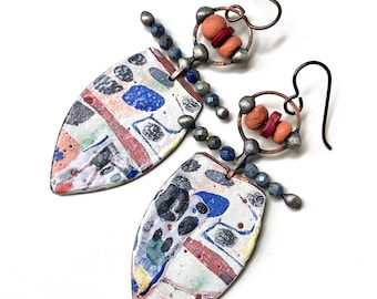 Pebbled Fields, Artisan Copper Enamel and Soldered Lapis and Ceramic Earrings, Sculptural Wearable Art, by Elizabeth Rosen