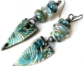 River Dance, artisan earrings, modern ceramic and lampwork glass earrings, artsy earrings, rustic organic wearable art, by Elizabeth Rosen