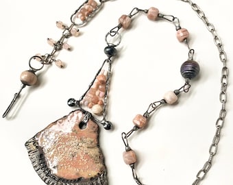 Ceramic Raku and Gemstone Bead Necklace, Handmade Soldered + Vintage Chain, Moonstone, Opal, Quartz, Wearable Art, by Elizabeth Rosen