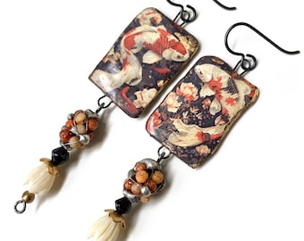 Asian Inspired Ceramic Koi Earrings, Zen Lotus Jewelry, Soldered Fossil Coral Beads, by Elizabeth Rosen