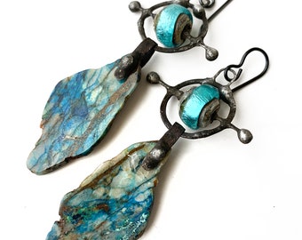 soldered chrysocolla and lampwork glass earrings, rustic artisan earrings, unusual industrial earrings, by Elizabeth Rosen