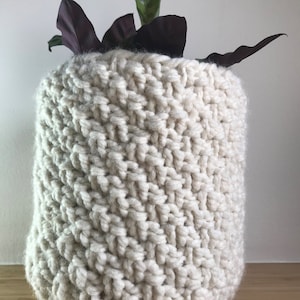 May include: A white knitted plant pot with a green and purple plant inside.