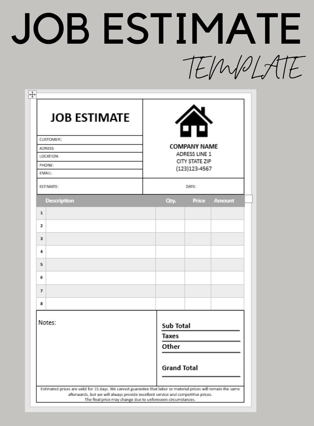 Job Estimate Template, Printable Quote Form, Editable Quote for