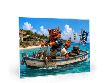 Tabla de cortar de cristal Okinawa Shisa Fisherman - Perro guardián japonés tropical al atardecer en el océano