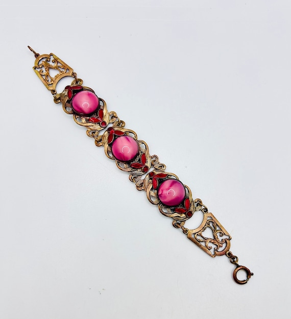 Antique Czech pink glass and enameled bracelet