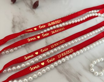 Personalisierte Perlen Satinband - Verlobungsband - Verlobungsband - Versprechen/Verlobungsdekor - Name Klettband - Ringband Band